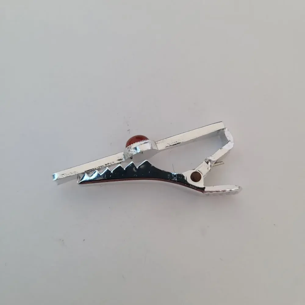 Rolled Gold Silver Tie Bar Clip Tac Clasp Retro‎ Red Cabochon Lightweight Small